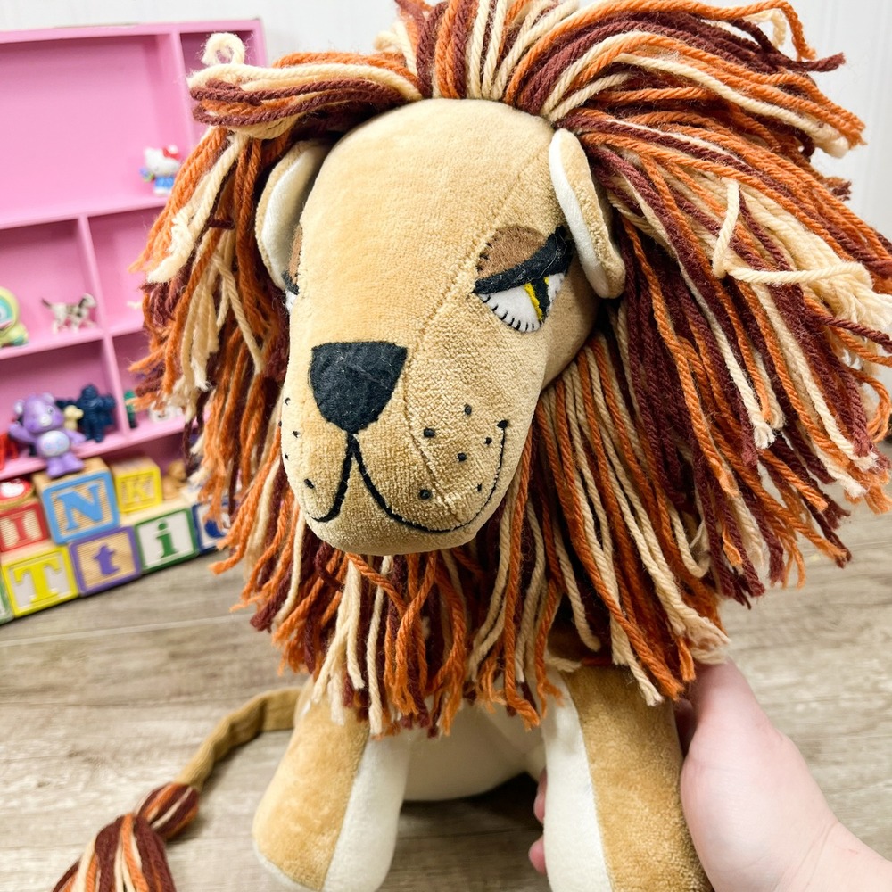 Vintage Style Plush Lion Stuffed Animal with Yarn Mane Tan Orange Brown 11 inch